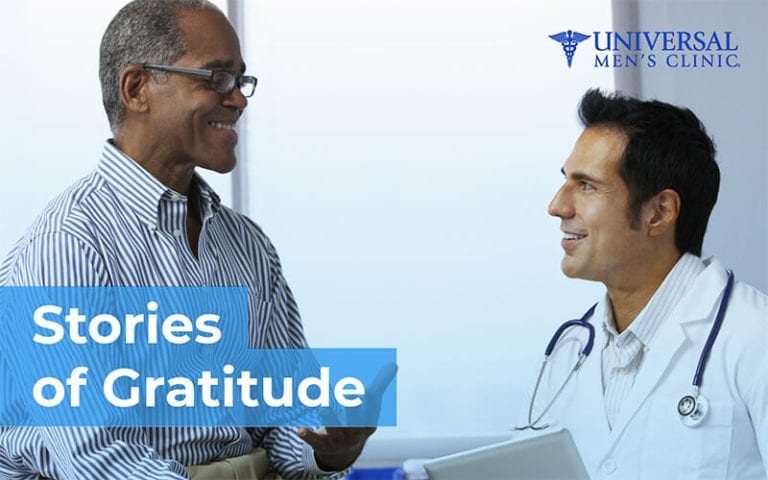 A doctor talking to a patient. Words on the top right of the image say Universal Men's Clinic. Words on the bottom left say Stories of Gratitude.