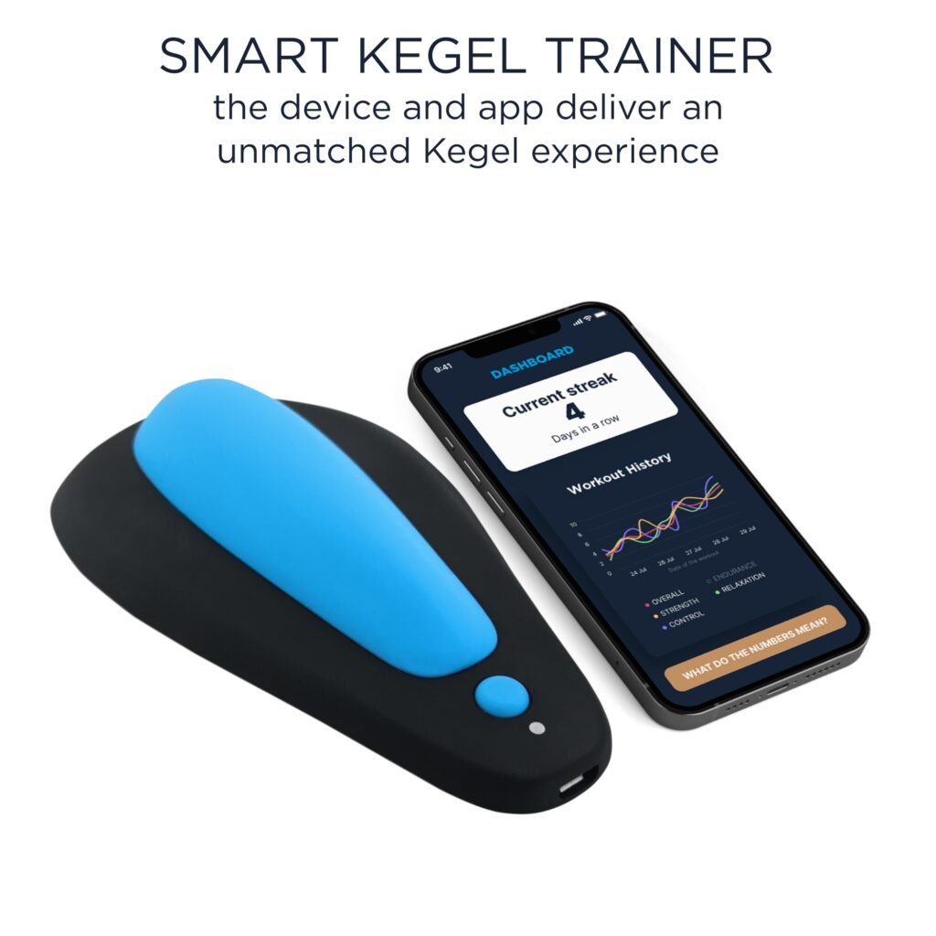 Smart Kegel Trainer App on a phone next to the device.