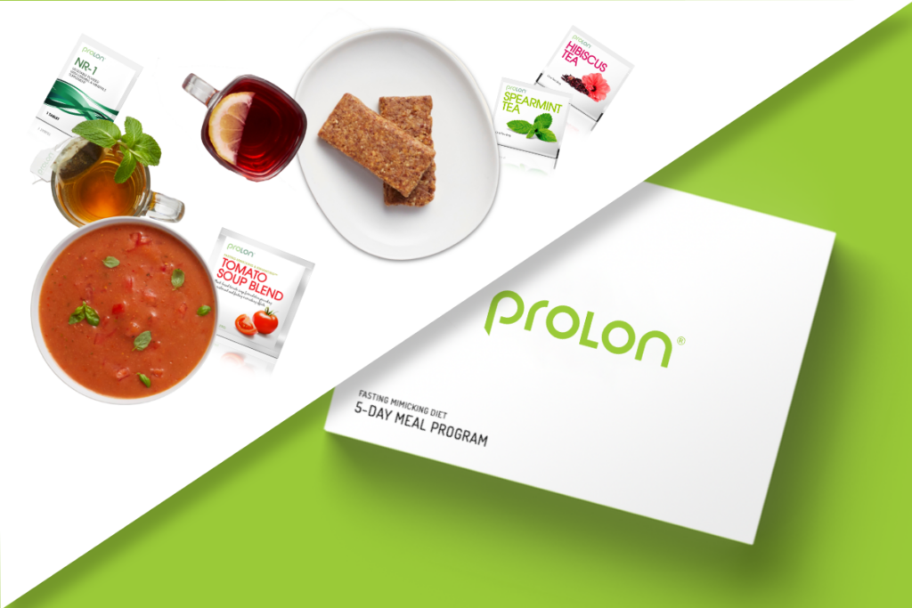 ProLon Diet meal Program box and sample meal - tomato soup and tea.