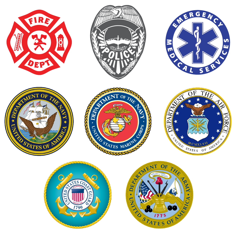 Various badges including fire department, police, emergency medical services, navy, marine corps. air force, coast guard, and army.
