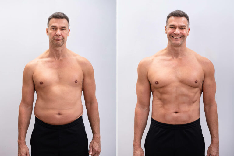 A male posing for before and after showing weight loss results